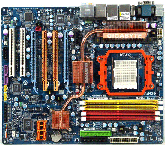S-AM2+ Gigabyte MA790FX-DQ6 (AMD 790FX 5200/2000МТ/c 4*DDR2-1066 2PCIe2.0-x16 8ch GLAN 1394 ATX)